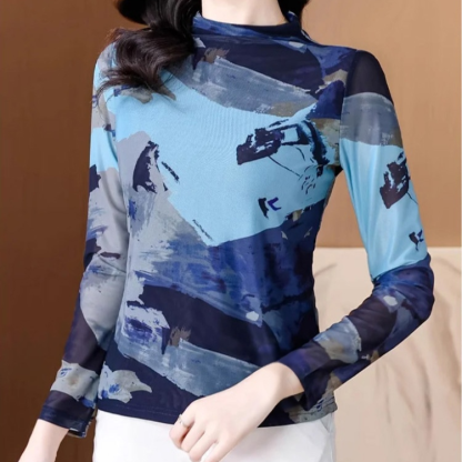 เสื้อยืดคอเต่าผ้าตาข่ายสองชั้นพิมพ์ลายแฟชั่นฟิตตัว