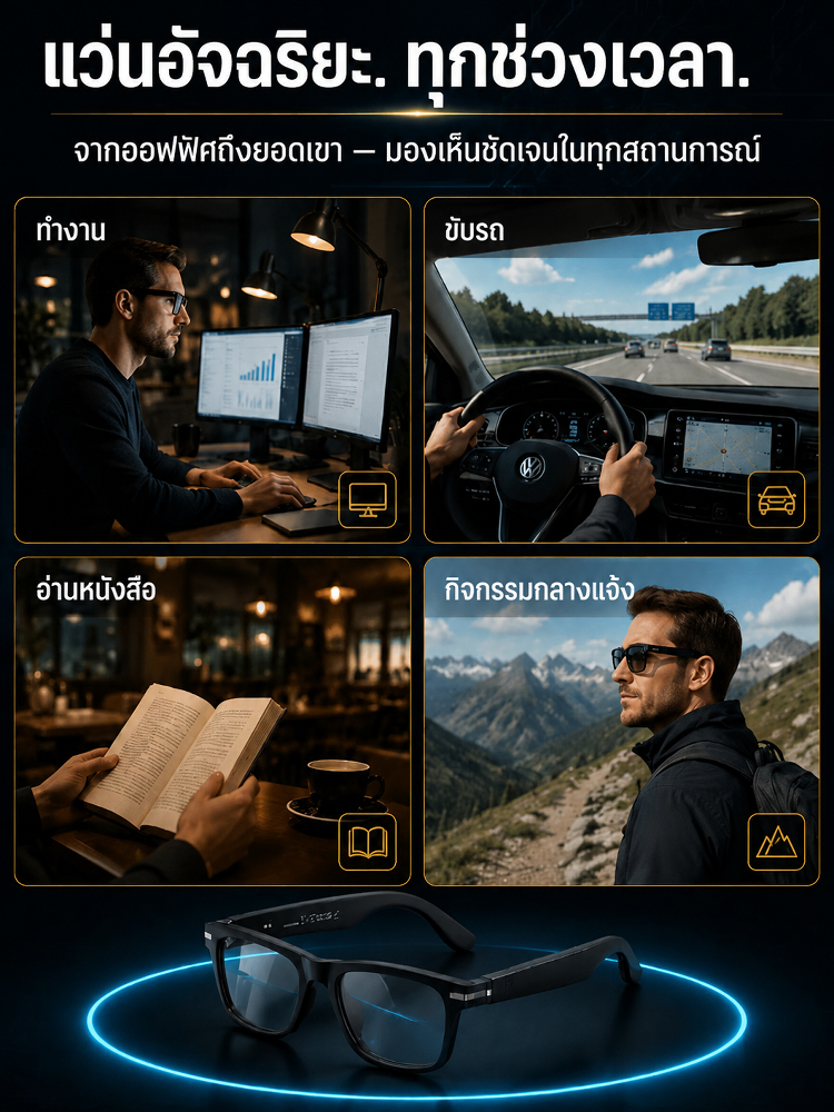 แว่นตาอัจฉริยะ แปลภาษา AI เรียลไทม์ เลนส์ออโต้โฟกัสเปลี่ยนสีอัตโนมัติ