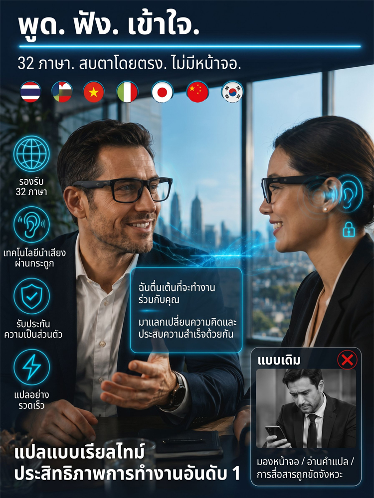 แว่นตาอัจฉริยะ แปลภาษา AI เรียลไทม์ เลนส์ออโต้โฟกัสเปลี่ยนสีอัตโนมัติ