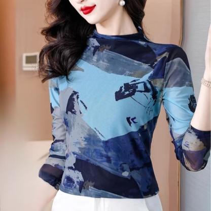 เสื้อยืดคอเต่าผ้าตาข่ายสองชั้นพิมพ์ลายแฟชั่นฟิตตัว