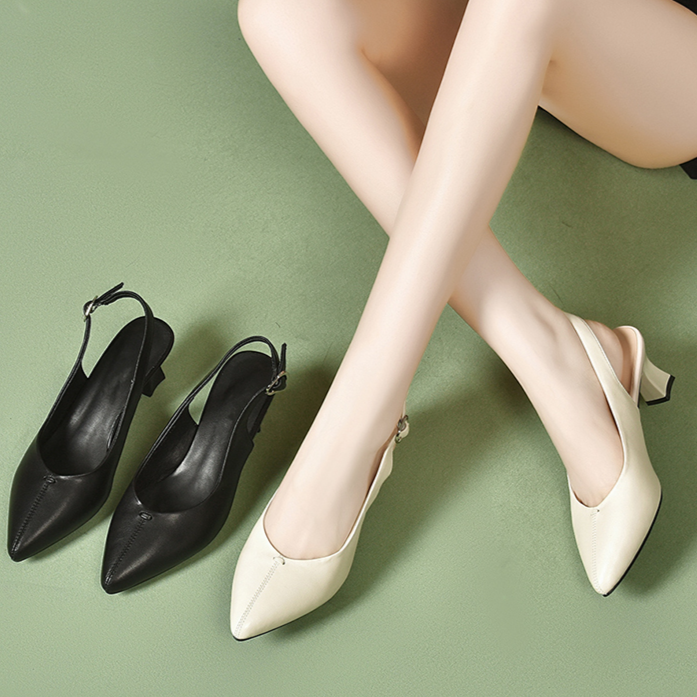 รองเท้าส้นสูงแบบปิดหัวหนังนิ่มแมทช์ง่าย