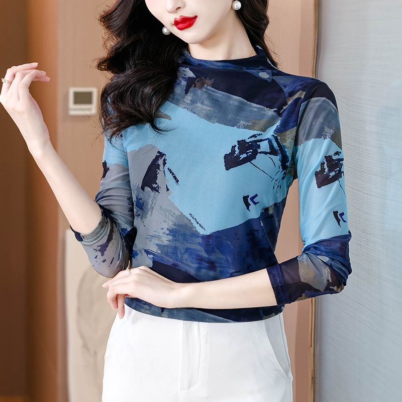 เสื้อยืดคอเต่าผ้าตาข่ายสองชั้นพิมพ์ลายแฟชั่นฟิตตัว