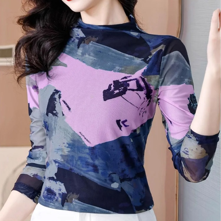เสื้อยืดคอเต่าผ้าตาข่ายสองชั้นพิมพ์ลายแฟชั่นฟิตตัว