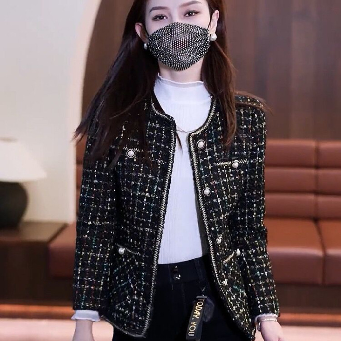 샤넬 스타일 긴팔 격자무늬 슬림핏 여자 외투
