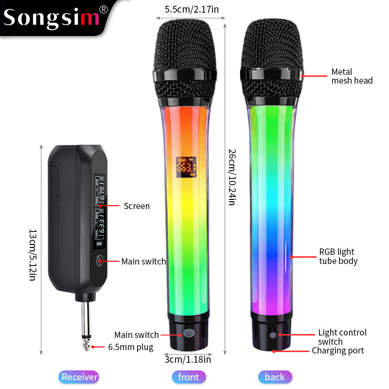 WX82 RGB Wireless Microphone – High-Fidelity Sound, Plug-and-Play; features UHF transmission, switchable lighting, and USB charging. Suitable for karaoke, parties, and performances.