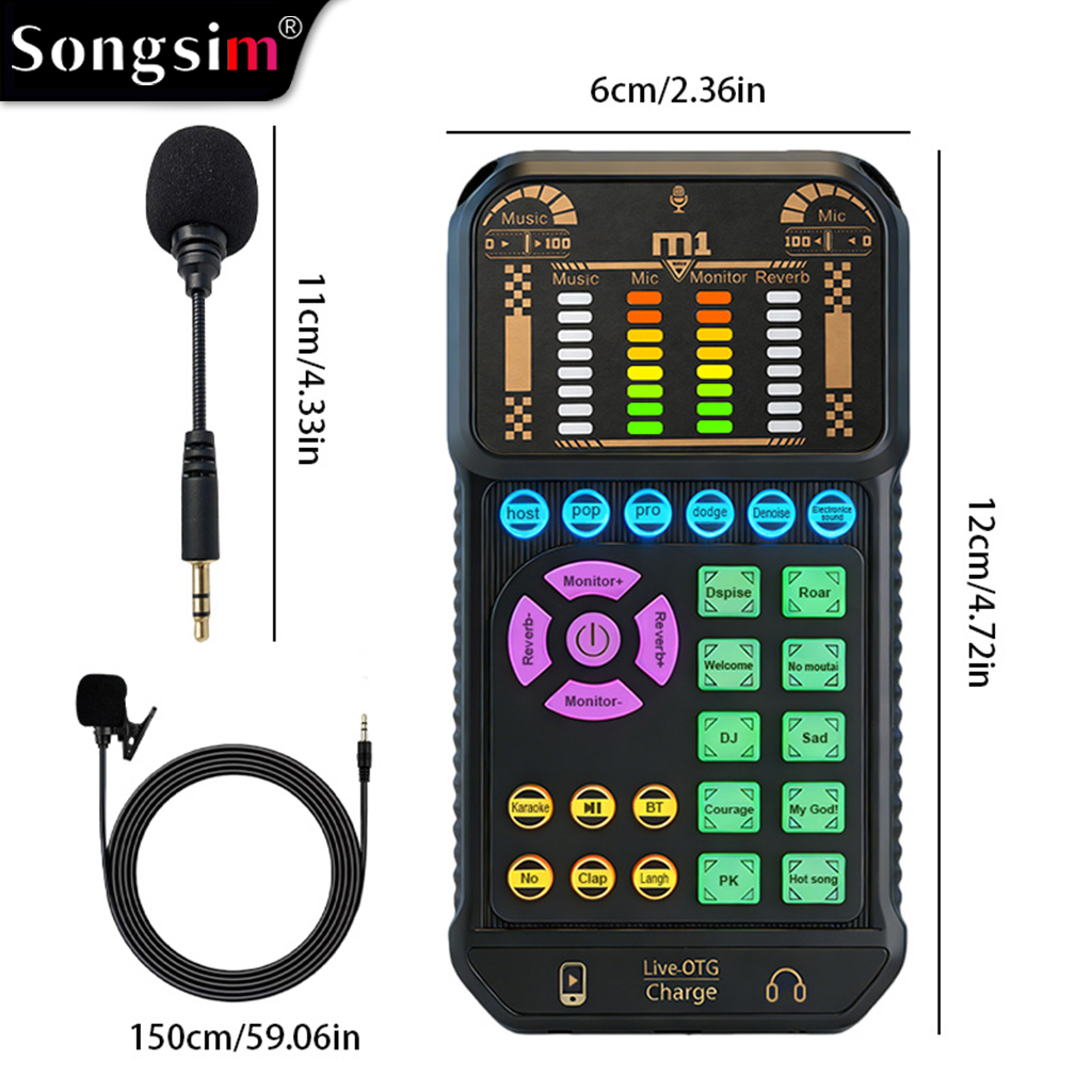 M1 Portable Multifunctional Sound Card (Podcast Audio Equipment): Plug-and-play device featuring reverb adjustment, real-time monitoring, simulated scene sound effects, and Bluetooth accompaniment; suitable for streaming, podcasting, outdoor live broadcas