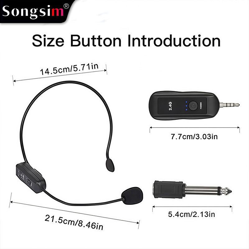 Wireless headset microphone, 2-in-1 headset and handheld design (detachable), 160-foot effective range.