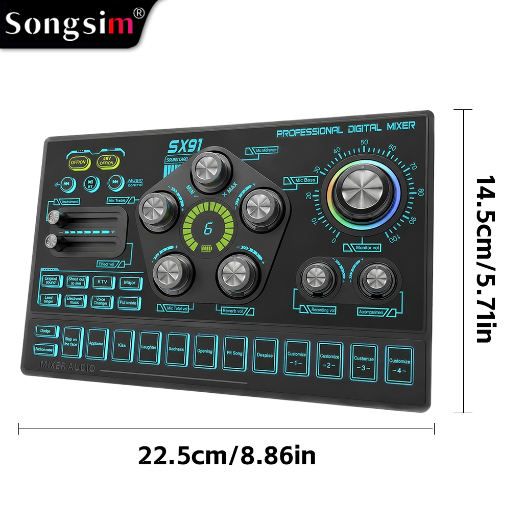 The SX91 live mixing console/audio interface features an XLR microphone input and supports lossless OTG transmission, EQ adjustment, volume faders, one-touch mute, and 48V phantom power, making it suitable for a wide range of scenarios such as podcasting,