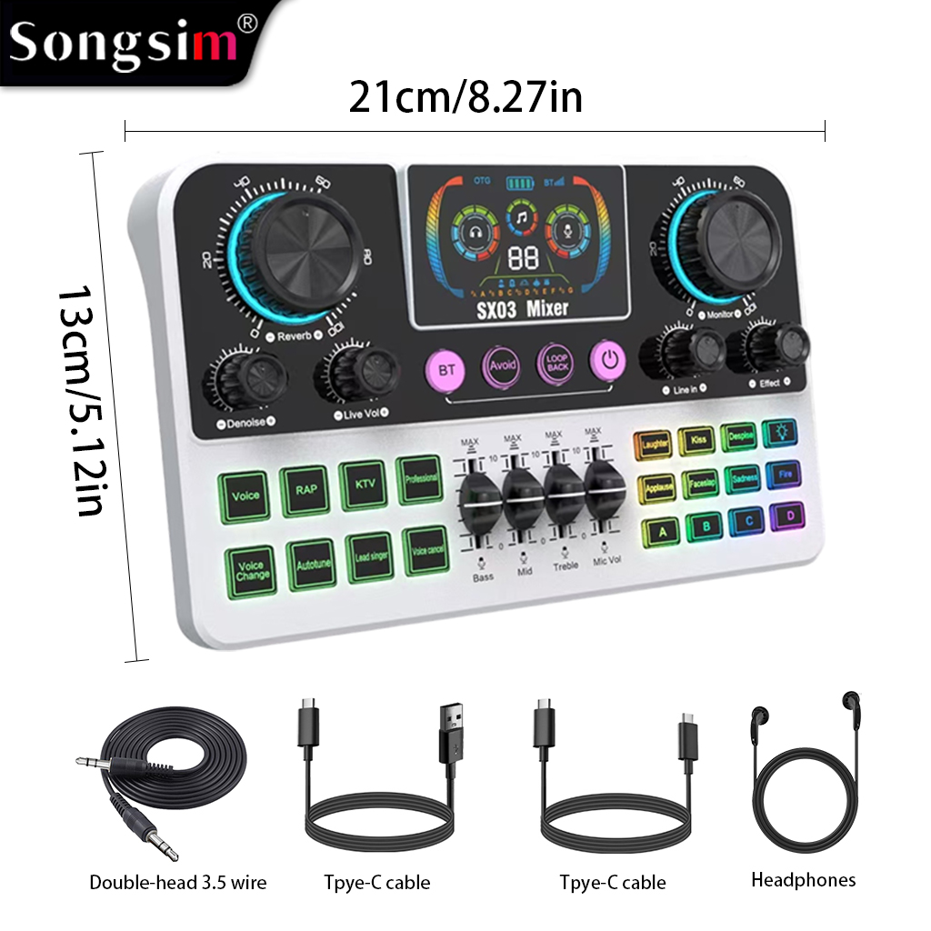 SX03 Professional Vocal Mixer & Live Streaming/Recording Sound Card—a multifunctional digital sound card featuring EQ adjustment, sound effect input, reverb, and voice-changing capabilities; includes a dynamic display screen and is suitable for live strea