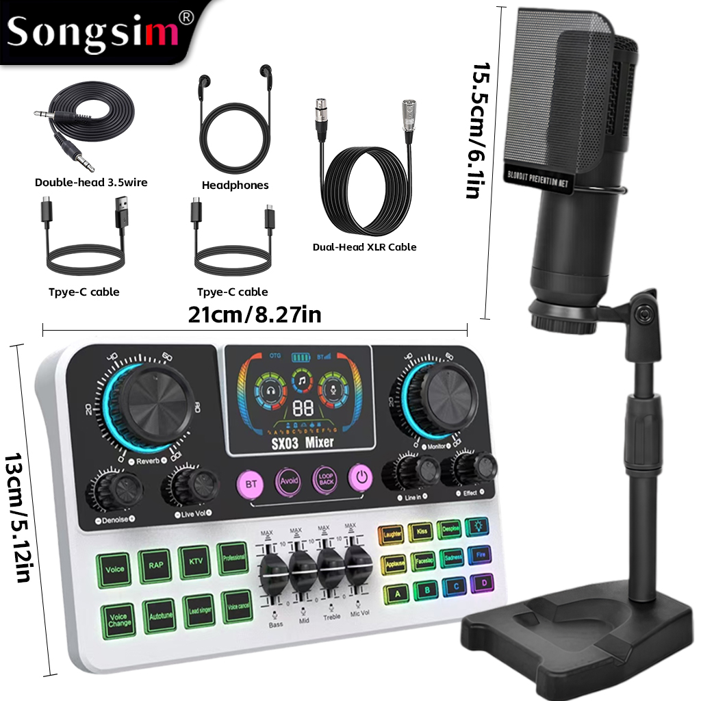Live streaming audio interface bundle featuring the SX03 sound card and BM800 condenser microphone. This multifunctional digital sound card supports lossless OTG transmission, Bluetooth connectivity, and EQ adjustment, making it ideal for streaming, live 