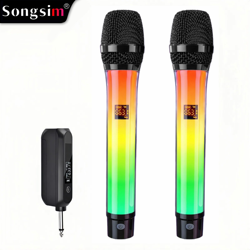 WX82 RGB Wireless Microphone – High-Fidelity Sound, Plug-and-Play; features UHF transmission, switchable lighting, and USB charging. Suitable for karaoke, parties, and performances.