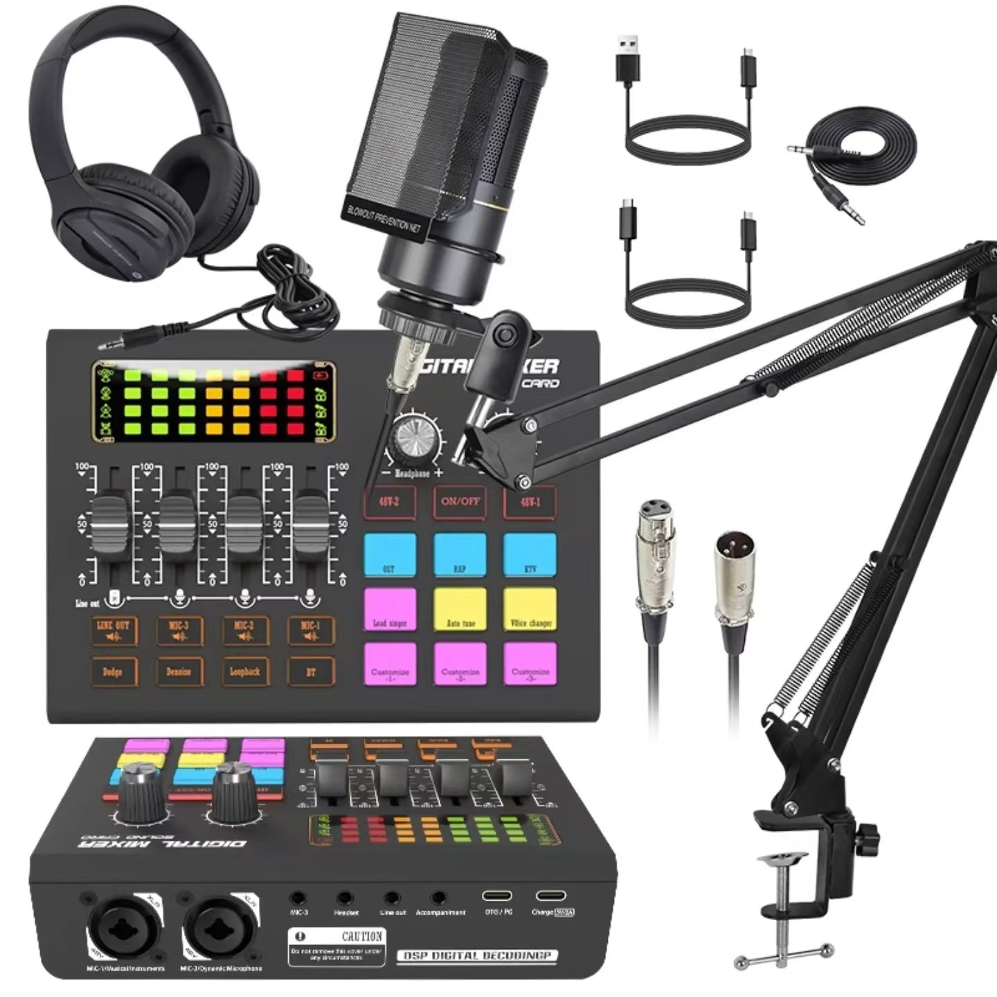 ZX320+SX10 Podcast Equipment Bundle, 48V XLR Podcast Microphone Bundle, Voice Changer with Adjustable Mic Stand, Studio Condenser Microphone for Smartphone, PC, DJ, Video Recording, Streaming, Gaming and Singing