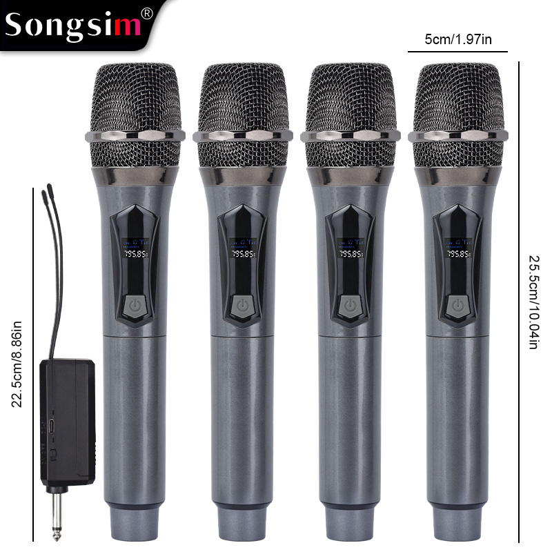 WX108 Wireless Microphone System: 4-channel wireless handheld microphone setup for group performances. Features long-lasting 1200mAh lithium battery life and a high-fidelity microphone capsule. Includes a 3.5mm adapter; suitable for singing, outdoor perfo