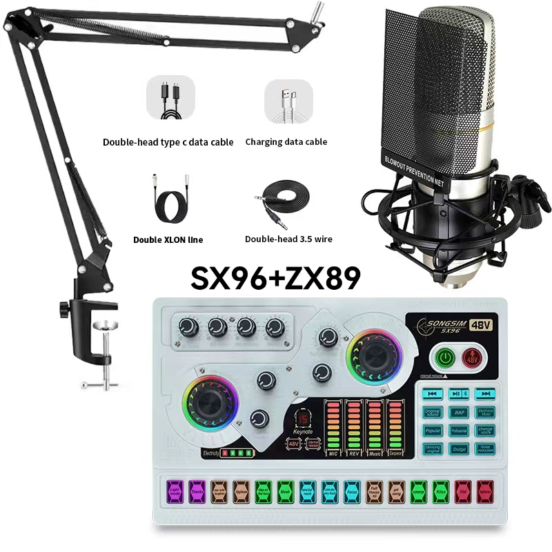 Podcast Equipment Bundle, SX96 Sound Card with ZX89 Podcast Microphone, Audio Interface for Music Recording Karaoke Singing Broadcast