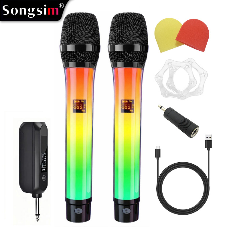 WX82 RGB Wireless Microphone – High-Fidelity Sound, Plug-and-Play; features UHF transmission, switchable lighting, and USB charging. Suitable for karaoke, parties, and performances.