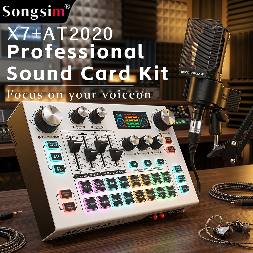 Professional audio bundle featuring the X7 real-time sound card and AT2020 studio microphone; supports OTG transmission, scene simulation, EQ adjustment, and 48V phantom power—ideal for gaming, singing, live streaming, and recording.