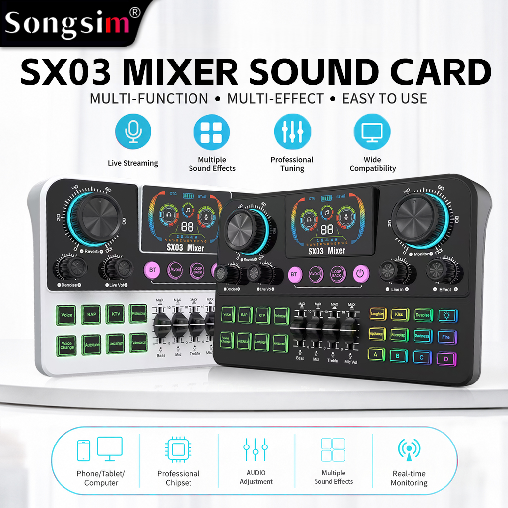 SX03 Professional Vocal Mixer & Live Streaming/Recording Sound Card—a multifunctional digital sound card featuring EQ adjustment, sound effect input, reverb, and voice-changing capabilities; includes a dynamic display screen and is suitable for live strea