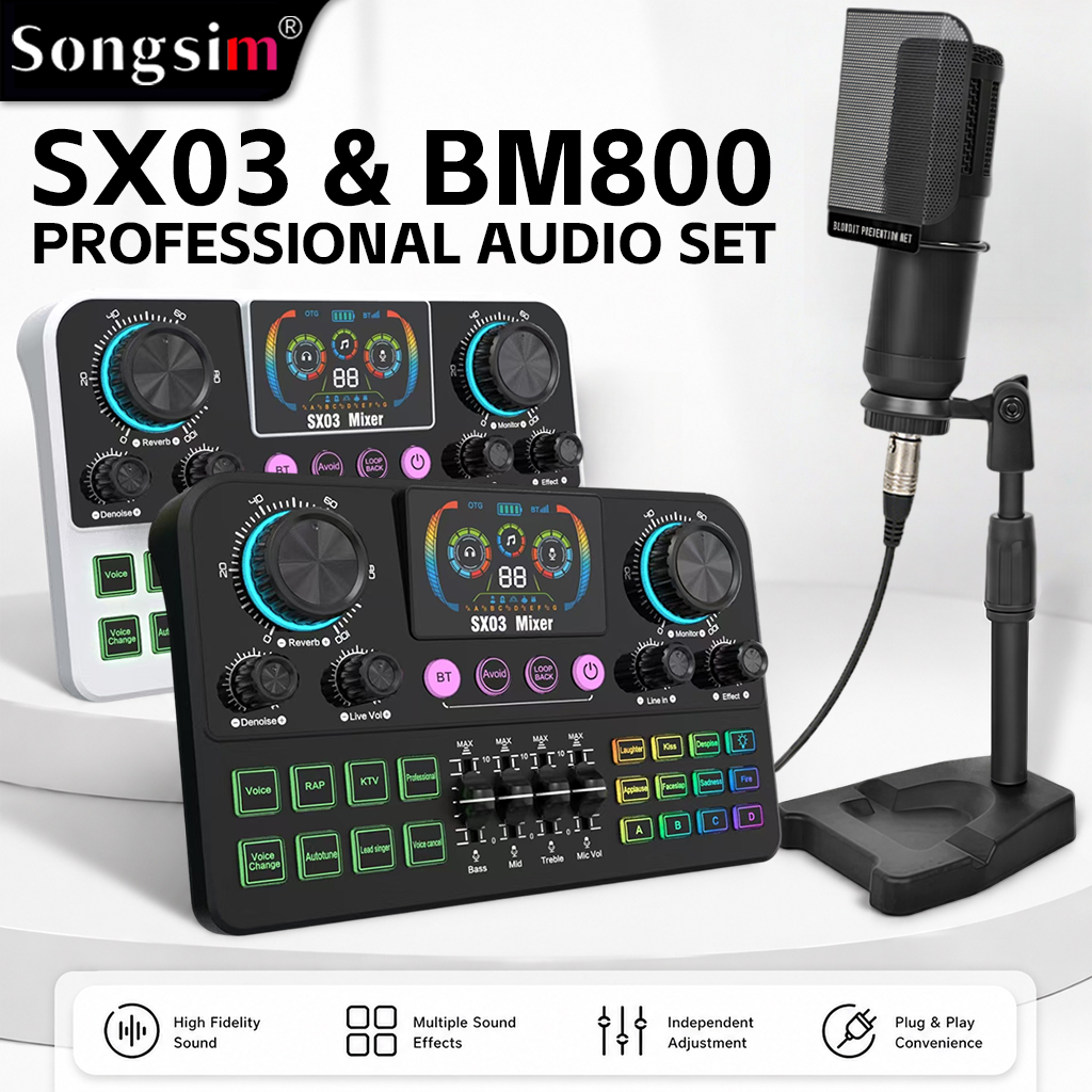 Live streaming audio interface bundle featuring the SX03 sound card and BM800 condenser microphone. This multifunctional digital sound card supports lossless OTG transmission, Bluetooth connectivity, and EQ adjustment, making it ideal for streaming, live 