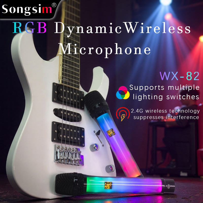WX82 RGB Wireless Microphone – High-Fidelity Sound, Plug-and-Play; features UHF transmission, switchable lighting, and USB charging. Suitable for karaoke, parties, and performances.
