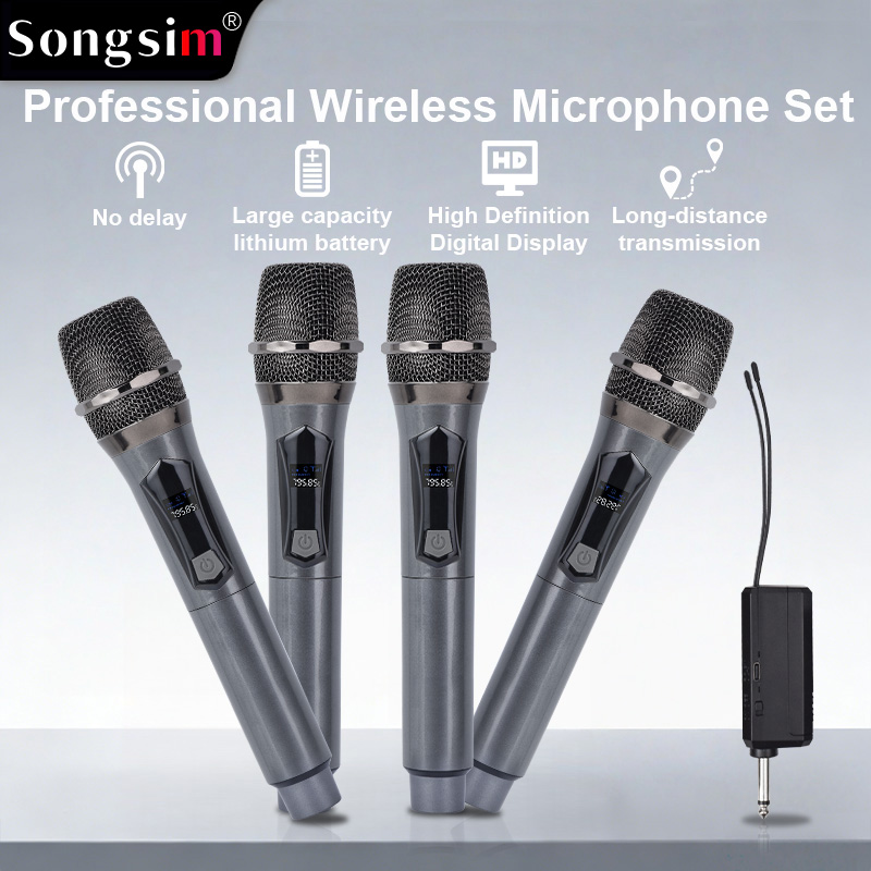 WX108 Wireless Microphone System: 4-channel wireless handheld microphone setup for group performances. Features long-lasting 1200mAh lithium battery life and a high-fidelity microphone capsule. Includes a 3.5mm adapter; suitable for singing, outdoor perfo