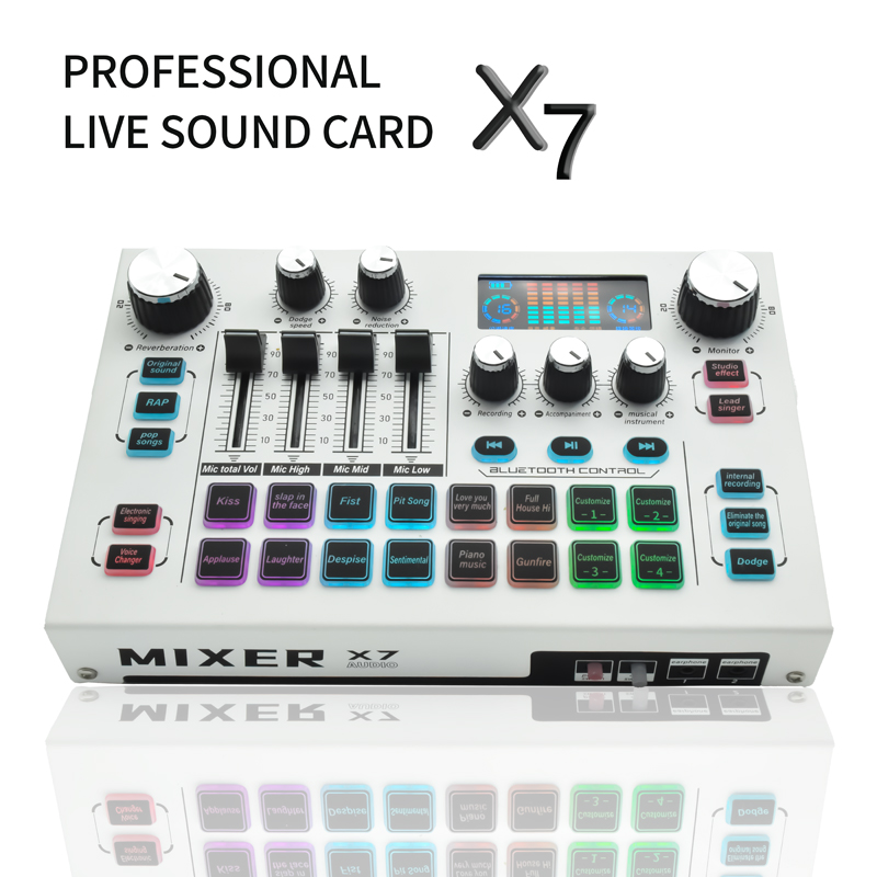 Professional Audio Mixer, X7 Live Sound Card and Audio Interface Sound Board with Multiple DJ Mixer Effects,Voice Changer and LED Light, Prefect for Streaming/Podcasting/Gaming/Recording/YouTube/PC
