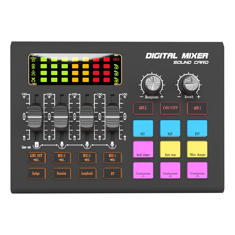 Audio Mixer With Effects, Live Sound Card with Volume Fader, Voice Changer, Sound Effects, LED Lights, for Karaoke, Streaming, Recording, Podcasting Sound Board for Kids