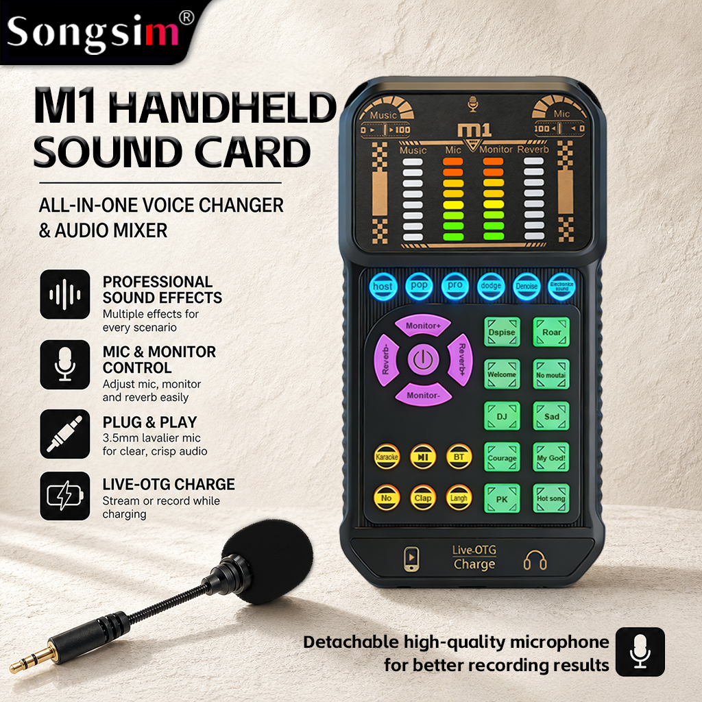 M1 Portable Multifunctional Sound Card (Podcast Audio Equipment): Plug-and-play device featuring reverb adjustment, real-time monitoring, simulated scene sound effects, and Bluetooth accompaniment; suitable for streaming, podcasting, outdoor live broadcas