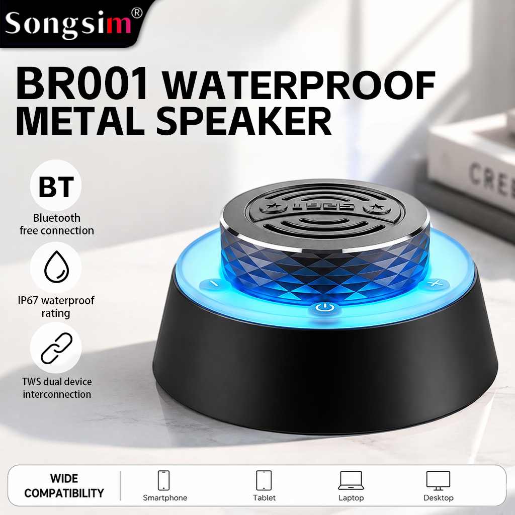 BR001 Portable Wireless Bluetooth Speaker – supports pairing two units together; features high-definition, high-volume sound and stable long-range connectivity; IP67 waterproof rating; suitable for various settings including bedrooms, bathrooms, outdoors,