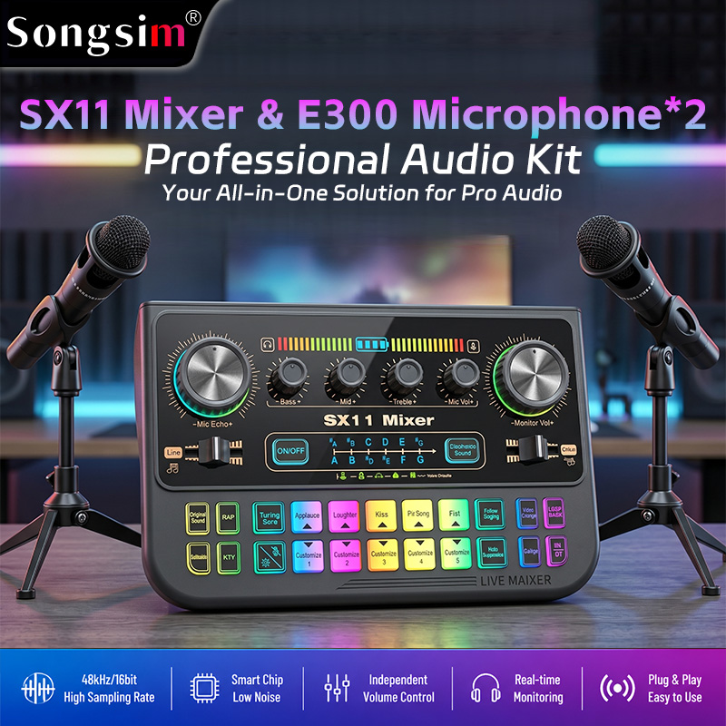 Podcast audio interface bundle featuring the SX11 sound card and two E300 microphones. It offers lossless OTG transmission, adjustable vocal reverb and EQ, sound effect presets, and various voice-changing modes. It supports 3.5mm microphone inputs and dua