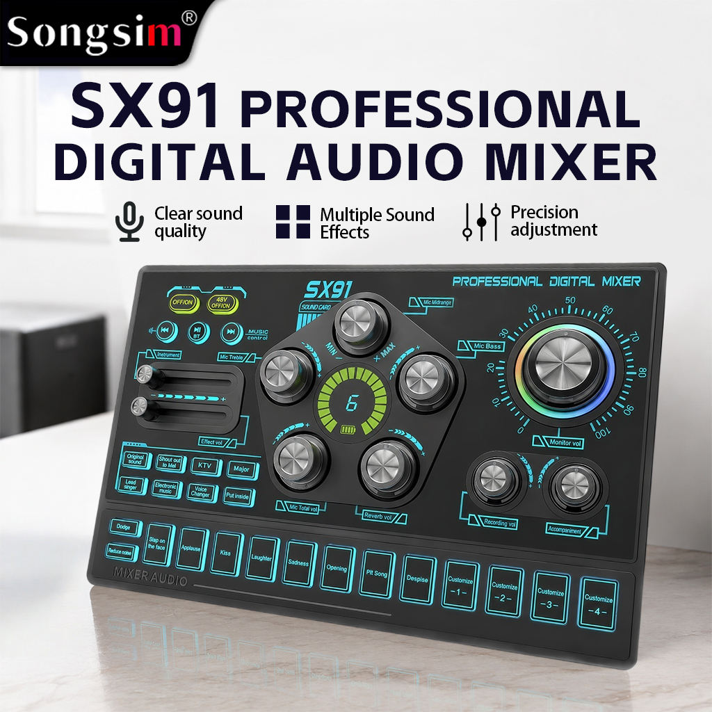 The SX91 live mixing console/audio interface features an XLR microphone input and supports lossless OTG transmission, EQ adjustment, volume faders, one-touch mute, and 48V phantom power, making it suitable for a wide range of scenarios such as podcasting,
