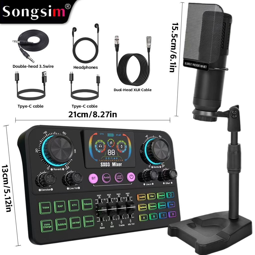Live streaming audio interface bundle featuring the SX03 sound card and BM800 condenser microphone. This multifunctional digital sound card supports lossless OTG transmission, Bluetooth connectivity, and EQ adjustment, making it ideal for streaming, live 