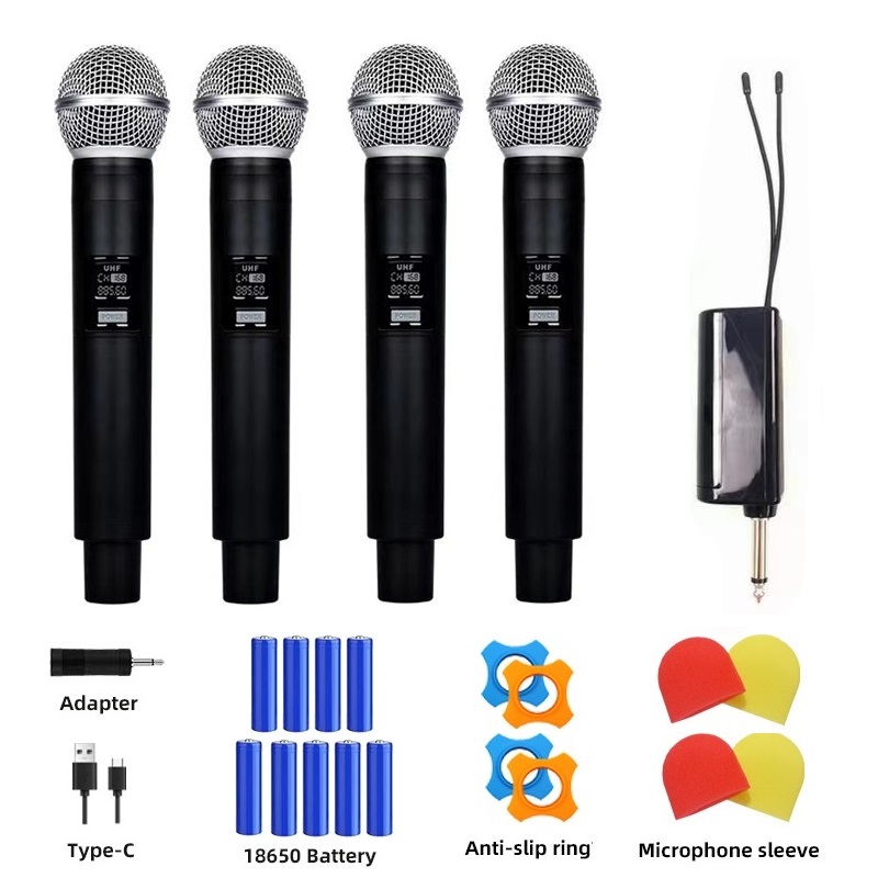 Wireless Microphone, UHF Dual Handheld Cordless Dynamic Metal Mic Set with Rechargeable Receiver, 1/4'' Plug Output, for Karaoke, Church, Wedding, Party Singing