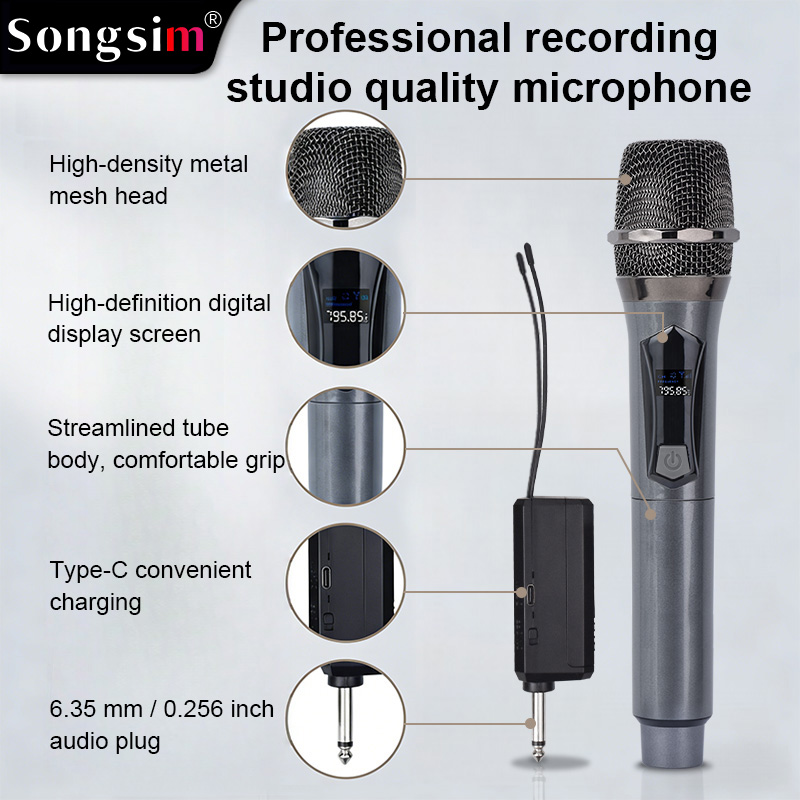 WX108 Wireless Microphone System: 4-channel wireless handheld microphone setup for group performances. Features long-lasting 1200mAh lithium battery life and a high-fidelity microphone capsule. Includes a 3.5mm adapter; suitable for singing, outdoor perfo