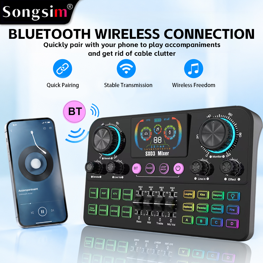 SX03 Professional Vocal Mixer & Live Streaming/Recording Sound Card—a multifunctional digital sound card featuring EQ adjustment, sound effect input, reverb, and voice-changing capabilities; includes a dynamic display screen and is suitable for live strea