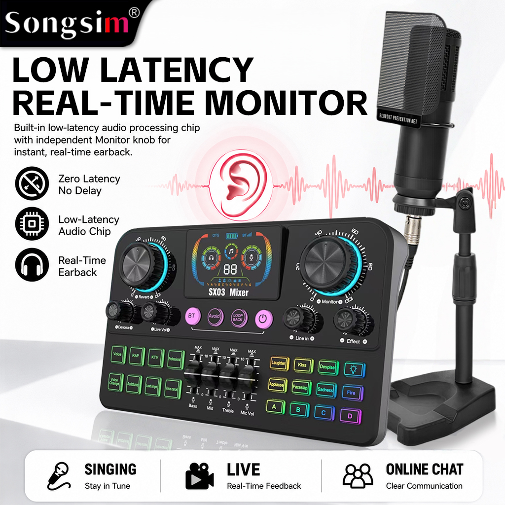 Live streaming audio interface bundle featuring the SX03 sound card and BM800 condenser microphone. This multifunctional digital sound card supports lossless OTG transmission, Bluetooth connectivity, and EQ adjustment, making it ideal for streaming, live 