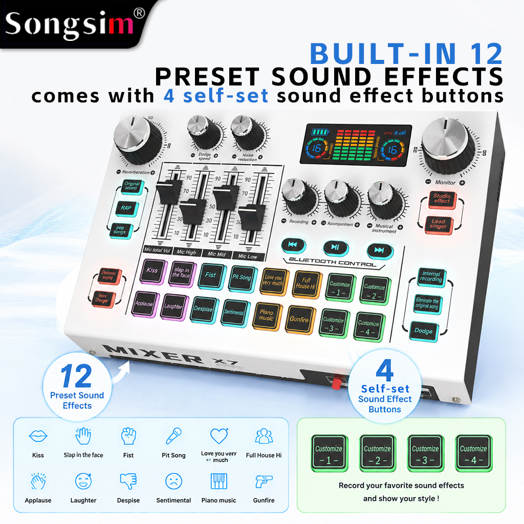 X7 sound card featuring an all-metal body, 48V phantom power input, and support for Bluetooth, OTG transmission, audio input, voice changing, and equalizer adjustments.