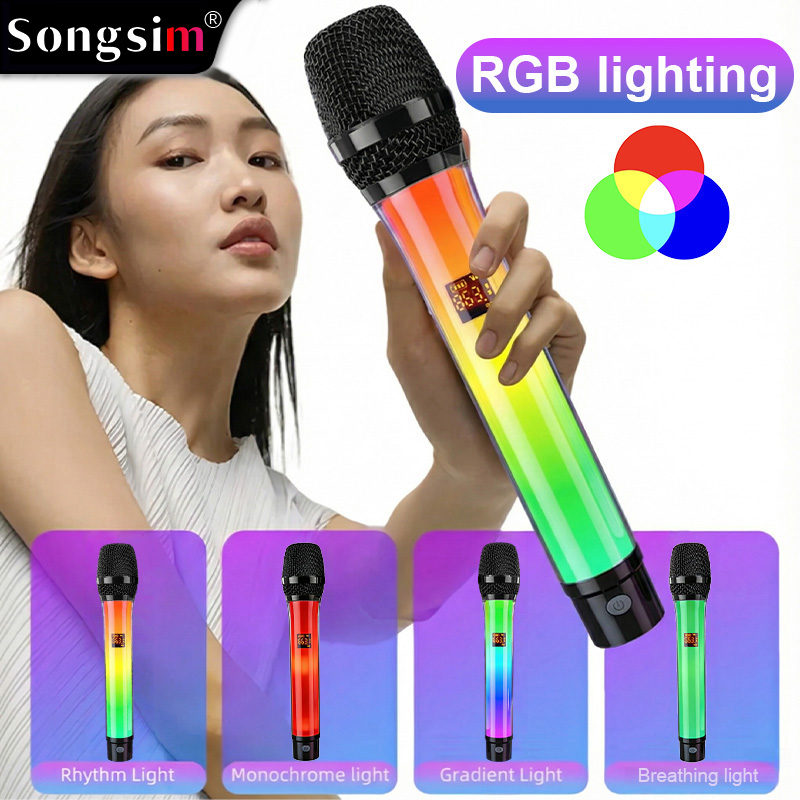 WX82 RGB Wireless Microphone – High-Fidelity Sound, Plug-and-Play; features UHF transmission, switchable lighting, and USB charging. Suitable for karaoke, parties, and performances.
