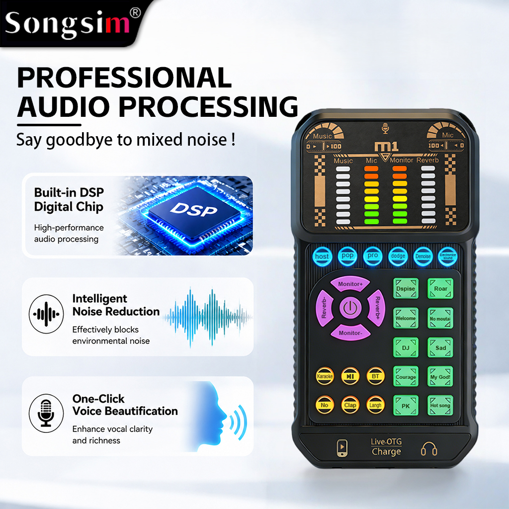 M1 Portable Multifunctional Sound Card (Podcast Audio Equipment): Plug-and-play device featuring reverb adjustment, real-time monitoring, simulated scene sound effects, and Bluetooth accompaniment; suitable for streaming, podcasting, outdoor live broadcas