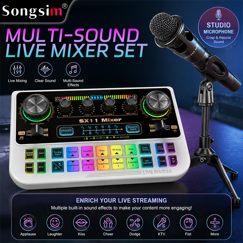 Podcast audio interface bundle featuring the SX11 sound card and two E300 microphones. It offers lossless OTG transmission, adjustable vocal reverb and EQ, sound effect presets, and various voice-changing modes. It supports 3.5mm microphone inputs and dua