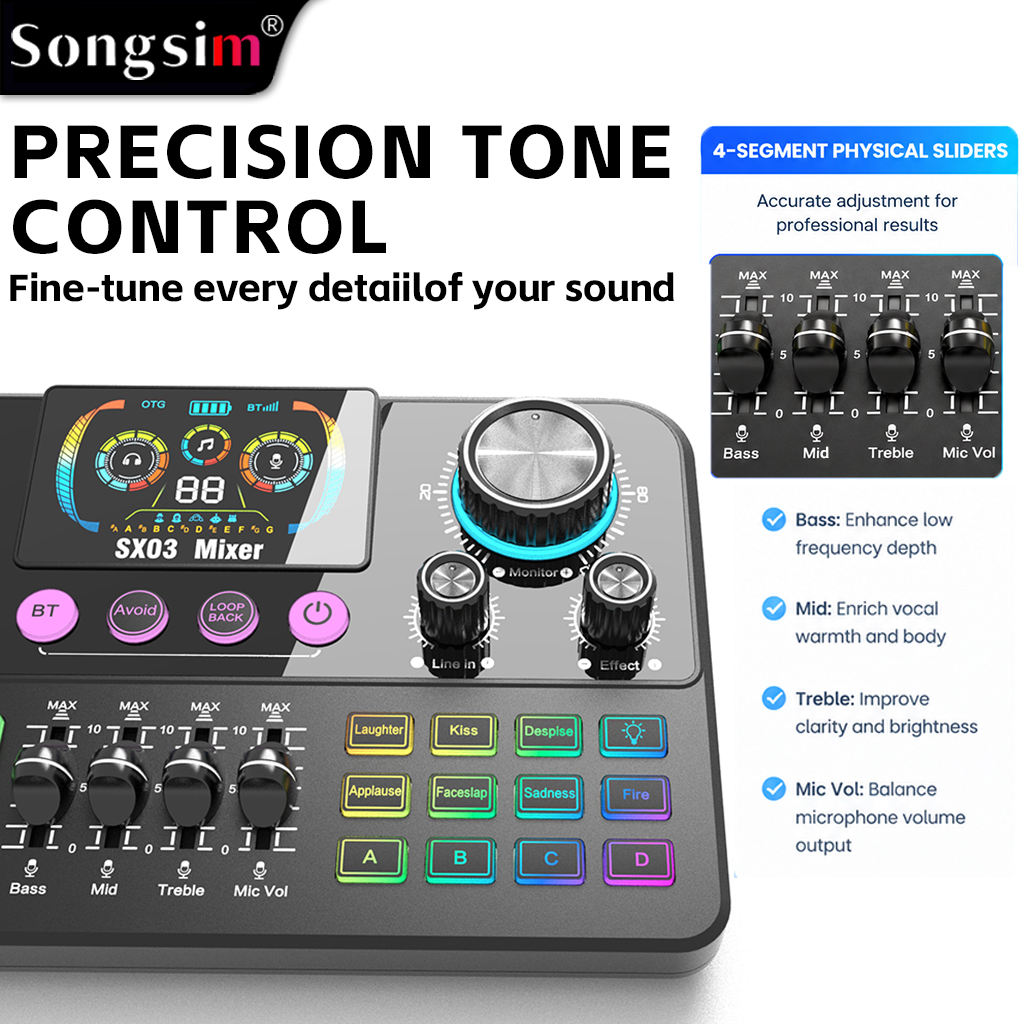 SX03 Professional Vocal Mixer & Live Streaming/Recording Sound Card—a multifunctional digital sound card featuring EQ adjustment, sound effect input, reverb, and voice-changing capabilities; includes a dynamic display screen and is suitable for live strea