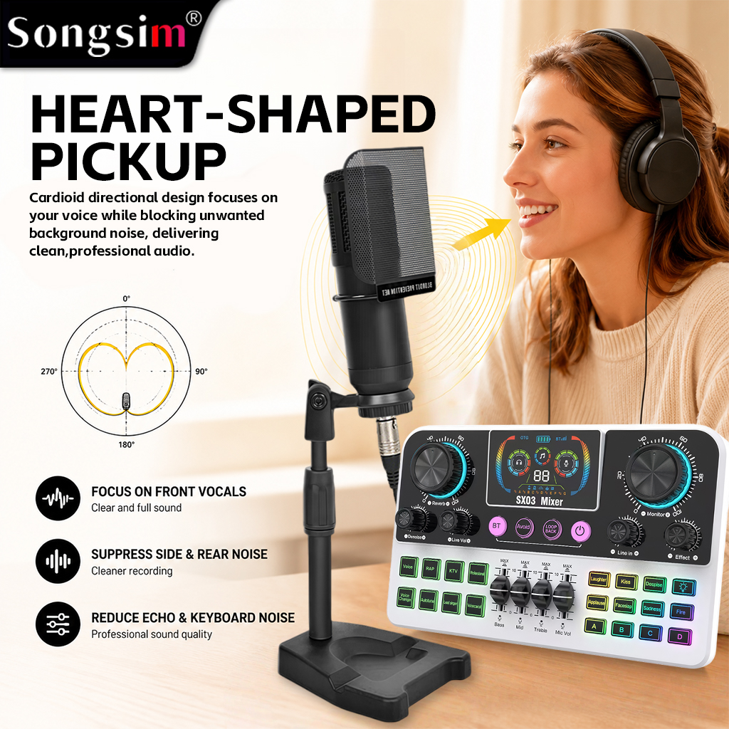 Live streaming audio interface bundle featuring the SX03 sound card and BM800 condenser microphone. This multifunctional digital sound card supports lossless OTG transmission, Bluetooth connectivity, and EQ adjustment, making it ideal for streaming, live 