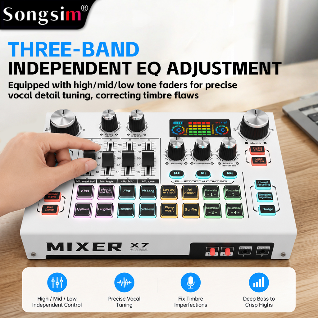 X7 sound card featuring an all-metal body, 48V phantom power input, and support for Bluetooth, OTG transmission, audio input, voice changing, and equalizer adjustments.