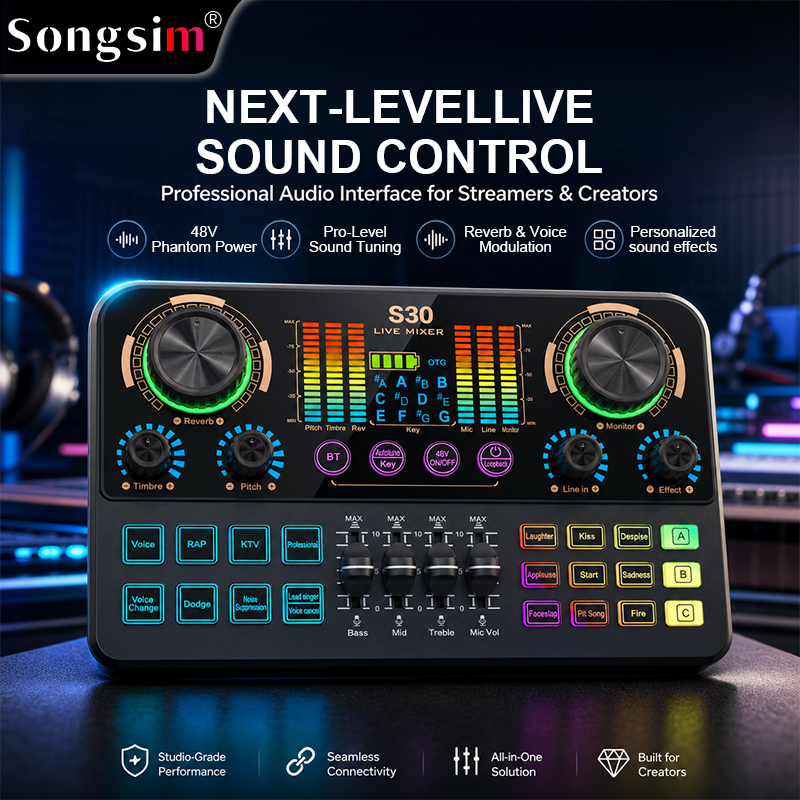 S30 Audio Interface & Podcast Mixer – Features OTG lossless transmission, 48V phantom power, reverb, and voice-changing effects; ideal for vlogging, live streaming, recording, YouTube, and TikTok.