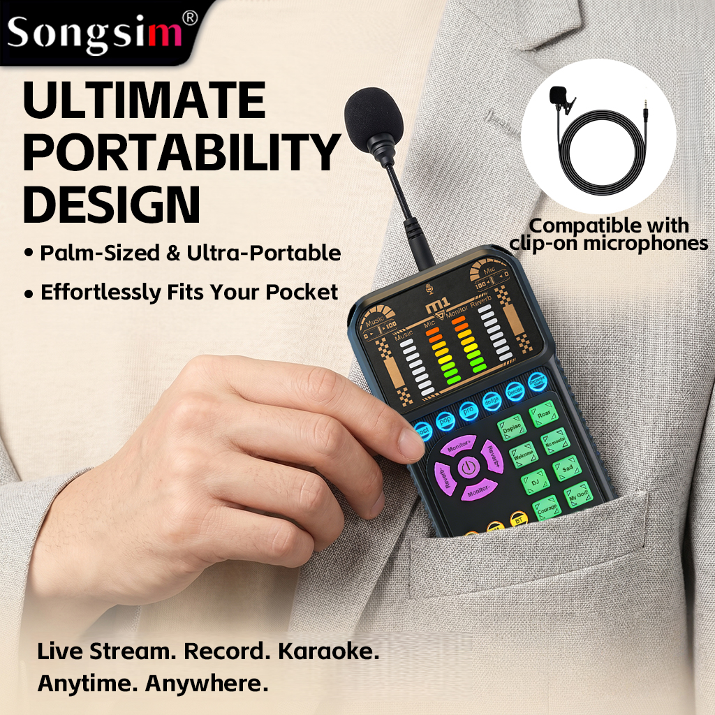M1 Portable Multifunctional Sound Card (Podcast Audio Equipment): Plug-and-play device featuring reverb adjustment, real-time monitoring, simulated scene sound effects, and Bluetooth accompaniment; suitable for streaming, podcasting, outdoor live broadcas