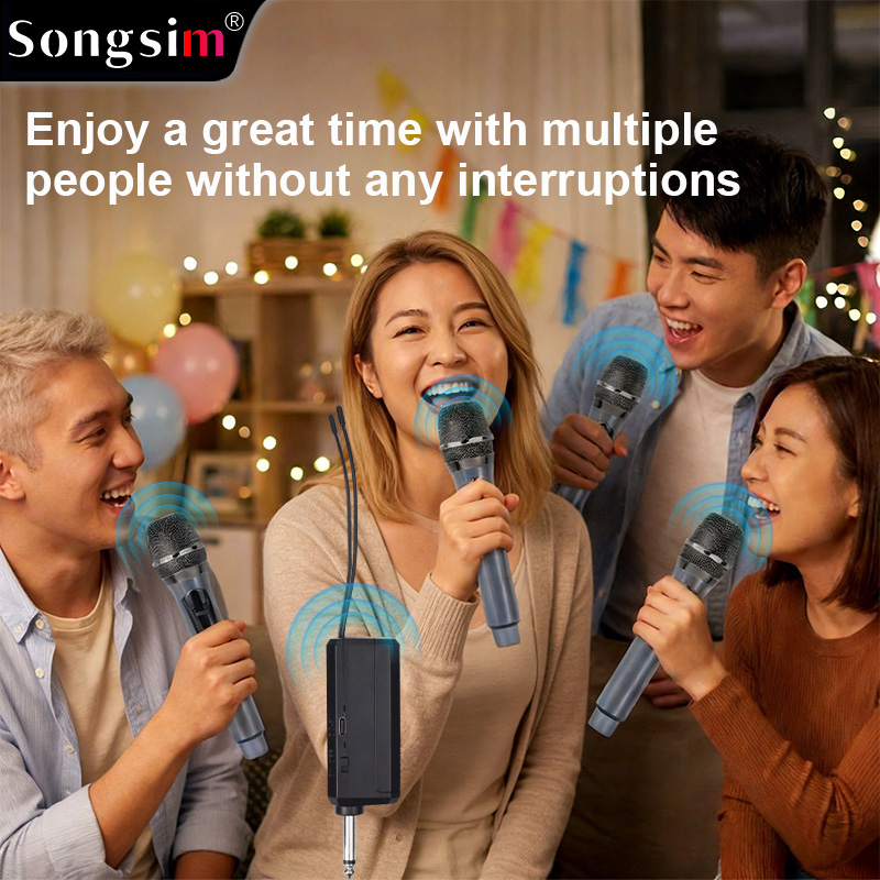WX108 Wireless Microphone System: 4-channel wireless handheld microphone setup for group performances. Features long-lasting 1200mAh lithium battery life and a high-fidelity microphone capsule. Includes a 3.5mm adapter; suitable for singing, outdoor perfo