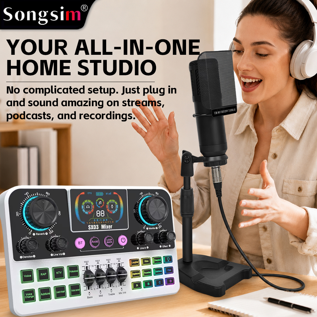 Live streaming audio interface bundle featuring the SX03 sound card and BM800 condenser microphone. This multifunctional digital sound card supports lossless OTG transmission, Bluetooth connectivity, and EQ adjustment, making it ideal for streaming, live 