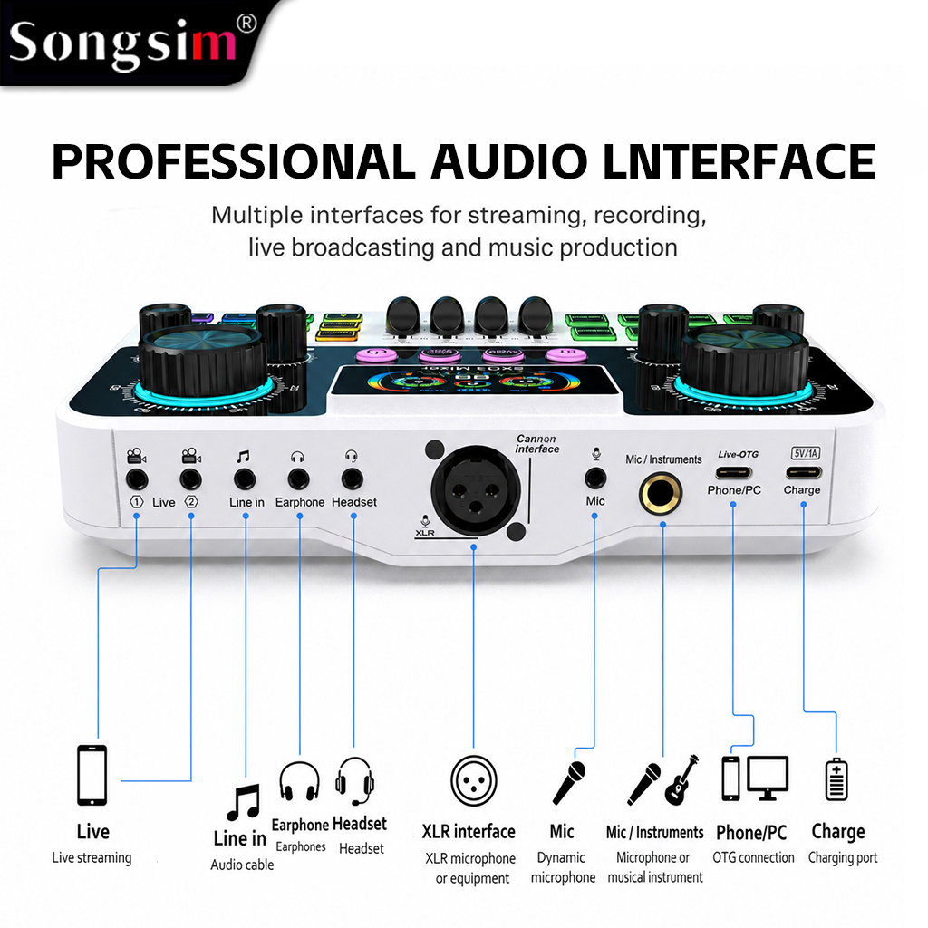 SX03 Professional Vocal Mixer & Live Streaming/Recording Sound Card—a multifunctional digital sound card featuring EQ adjustment, sound effect input, reverb, and voice-changing capabilities; includes a dynamic display screen and is suitable for live strea