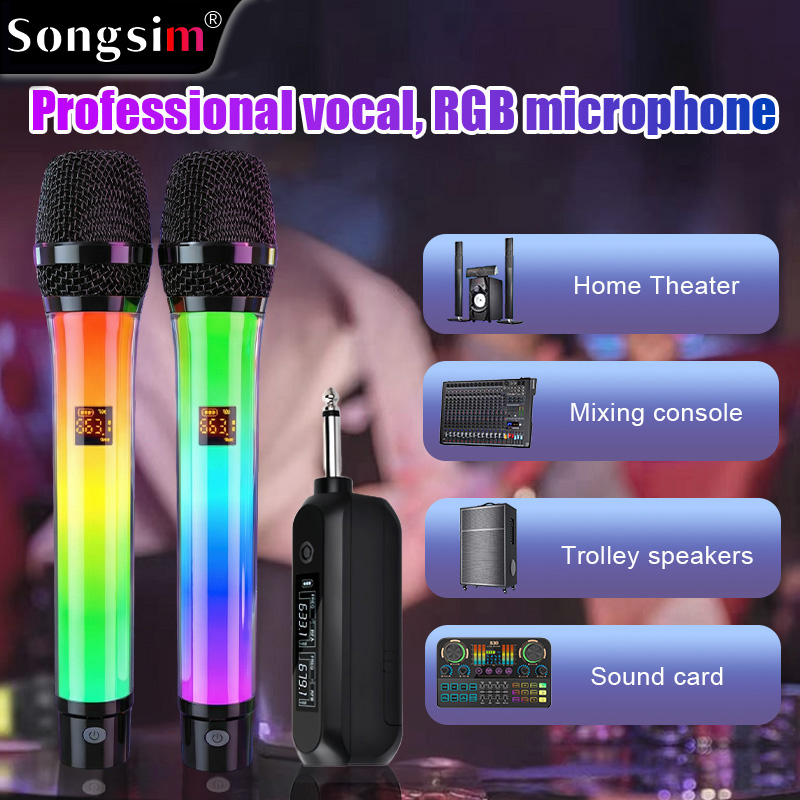 WX82 RGB Wireless Microphone – High-Fidelity Sound, Plug-and-Play; features UHF transmission, switchable lighting, and USB charging. Suitable for karaoke, parties, and performances.