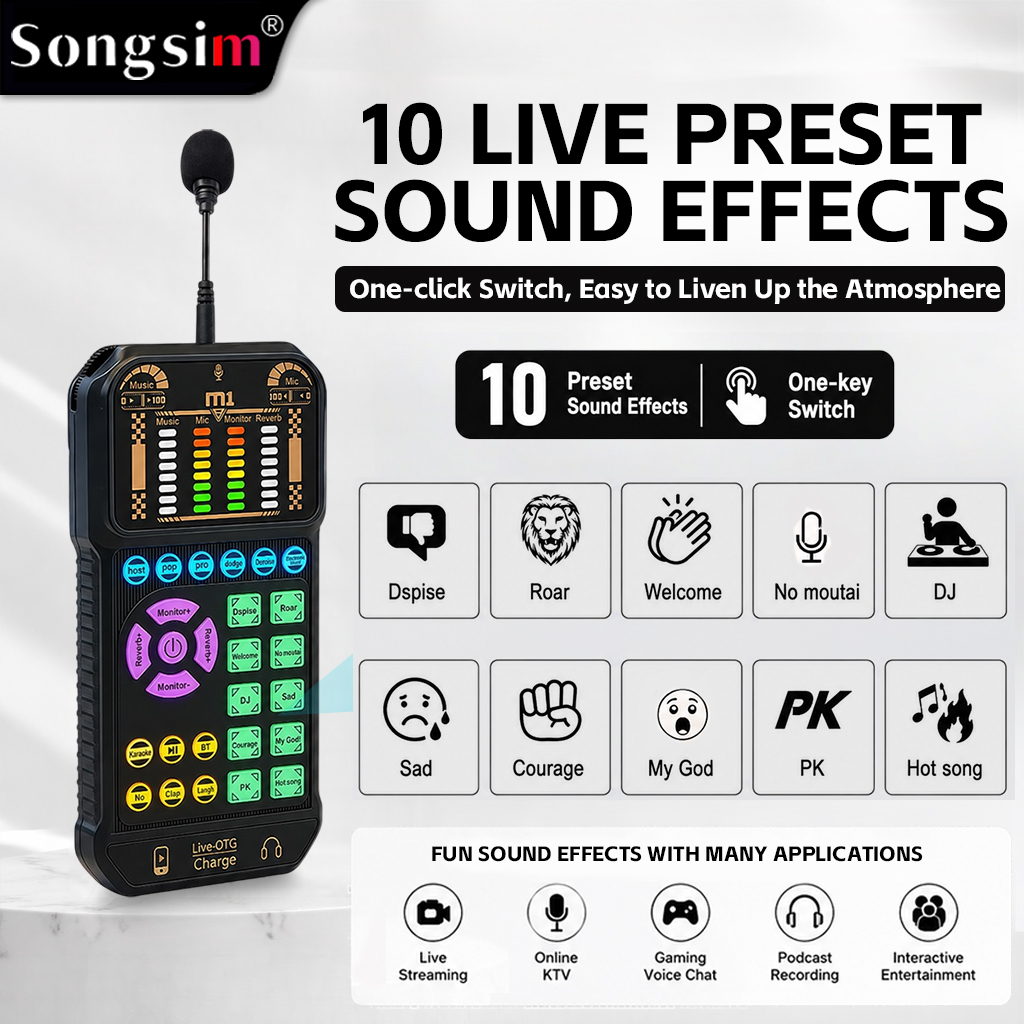 M1 Portable Multifunctional Sound Card (Podcast Audio Equipment): Plug-and-play device featuring reverb adjustment, real-time monitoring, simulated scene sound effects, and Bluetooth accompaniment; suitable for streaming, podcasting, outdoor live broadcas