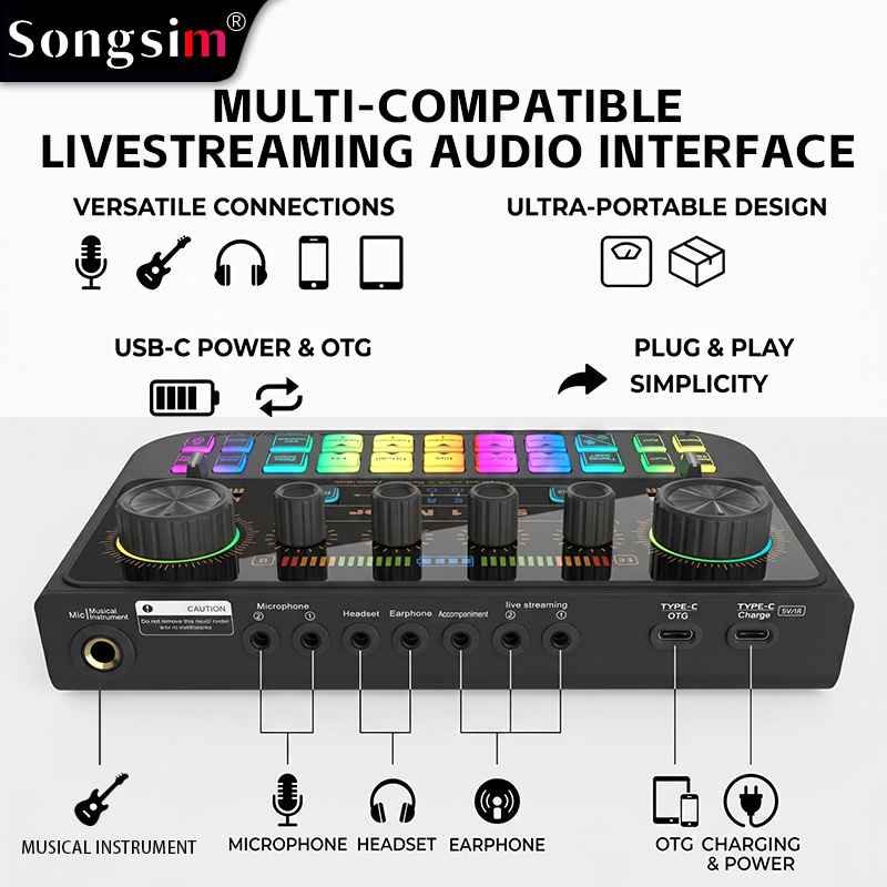 Podcast audio interface bundle featuring the SX11 sound card and two E300 microphones. It offers lossless OTG transmission, adjustable vocal reverb and EQ, sound effect presets, and various voice-changing modes. It supports 3.5mm microphone inputs and dua
